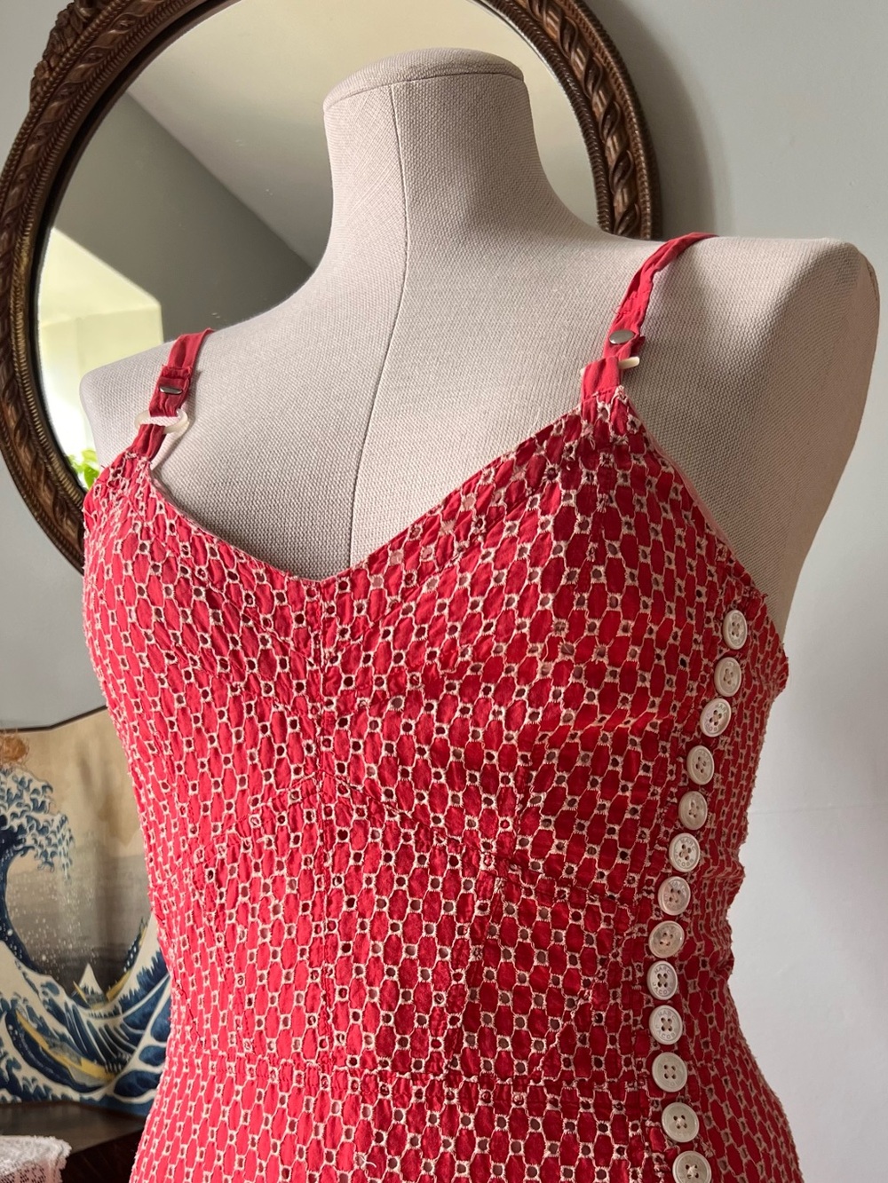 Marc Jacobs Red embroidered Midi Dress with Side Buttons - Picture 3 of 8
